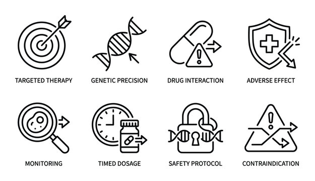 Medical and science icons for therapy, genetics, drug interaction and adverse effects on transparent.
