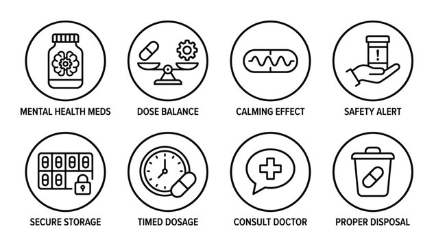 Mental health meds dose balance calming effect safety alert secure storage timed dosage consult doctor proper disposal.