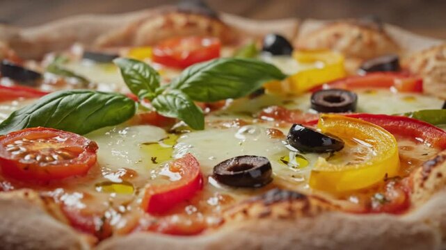 Close-up shot of a delicious pizza topped with fresh basil, tomatoes, olives, and bell peppers, steaming hot