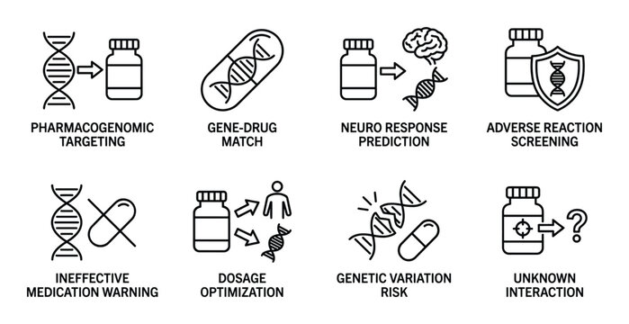 Personalized medicine icons showing pharmacogenomic targeting, gene-drug match, and drug response prediction.
