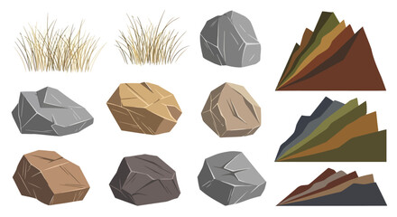 Set of vector illustrations of various rocks, stones, and grass tufts © Stock_Crafters