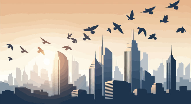 Flock of birds flying over a modern city skyline at sunset