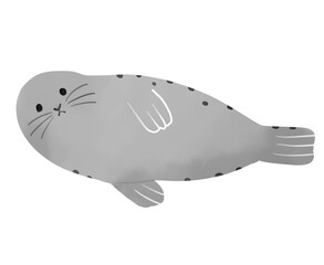 横たわって顔を上げるゴマフアザラシの水彩風イラスト 　手描き素材 © satou  koma