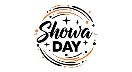 Showa Day celebratory typography, Japanese public holiday greeting with stars and swirls, festive black and orange graphic design for Golden Week