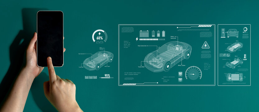 Technical layout of electric vehicle showing battery system, power control, traction motor, charging interface, and integration with renewable and smart energy sources Latch