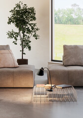 Naklejka premium 3D render, illustration Luxury modern living room interior, realistic lighting, wide angle, contemporary furniture, clean lines, minimalist decor, elegant home design, large window
