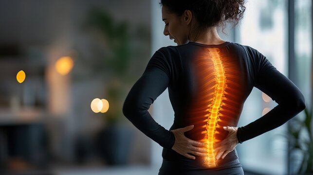 Woman with Lower Back Pain Highlighted Spine.