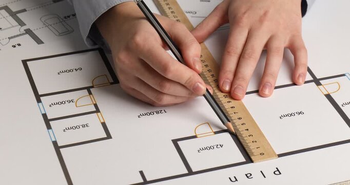 Architect with pencil and wooden ruler working on project, closeup