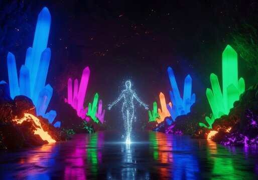An ethereal silhouette poses within a subterranean alien chamber surrounded by neon crystalline structures and glowing rock formations, fantasy, futuristic, radiant
