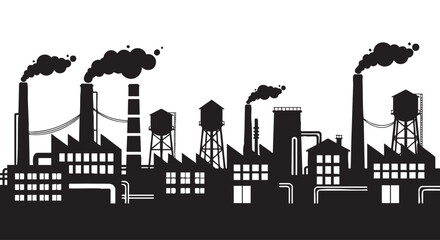 Obraz premium Industrial factory complex smokes with water towers silhouette