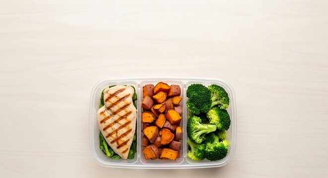 Healthy meal prep with grilled chicken, sweet potato, and broccoli in a container