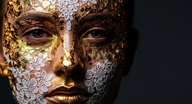 Elegant close-up featuring intricate gold leaf facial patterns and ethereal white lace textures, illuminated by dramatic cinematic lighting, glamor, close-up, aesthetic