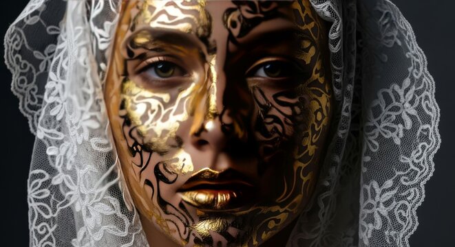 Elegant close-up featuring intricate gold leaf facial patterns and ethereal white lace textures, illuminated by dramatic cinematic lighting, ethereal, high fashion, headpiece