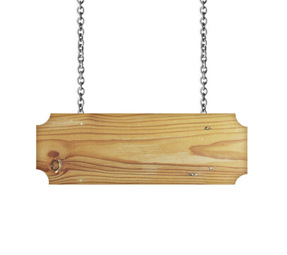 Wooden sign hanging on a chain isolated on white