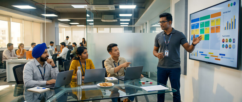 Indian male project manager leading an agile team meeting presenting a digital Kanban board on a large screen in a modern diverse corporate office.