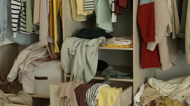 Many different messy clothes in wardrobe indoors, closeup. Camera moving right