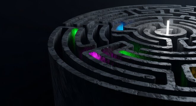 Intricate stone labyrinth captured from a high angle in dim light, representing internal confusion, isolation, and an endless mental loop, pattern, labyrinth, psychology