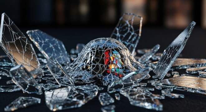 Jagged glass shards scatter around a slumped form, reflecting fragmented views of a dark interior through cracked and broken surfaces, sadness, despair, gloomy