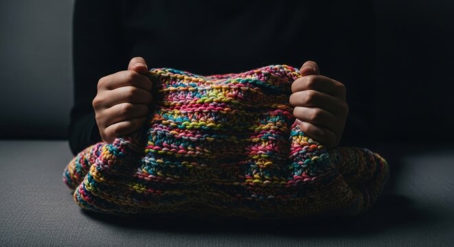 Knitted textile held tightly on a soft grey sofa within a dimly lit living space, conveying a deep sense of isolation and silent sorrow, wool, indoor, despair