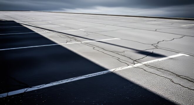 Long shadow stretches across cracked gray asphalt in a vast empty parking lot under a heavy overcast sky, evoking solitude and sorrow, abandonment, concrete, gray