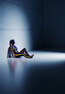 Long shadows stretch across a deserted hallway as a lone shape rests against the cold wall, evoking intense feelings of despair and isolation, atmosphere, dramatic, dark