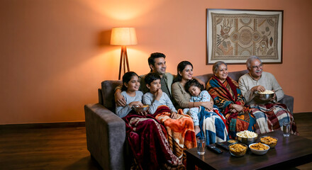 Obraz premium Cozy multi-generational Indian family snuggled under blankets watching a movie together on the sofa with snacks in a warm living room with copy space.