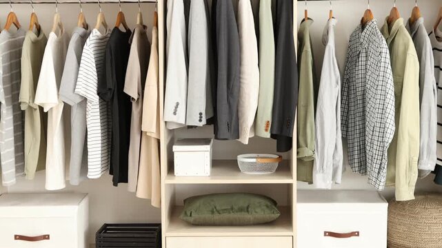 Wardrobe with different stylish clothes, accessories, shoes and home stuff indoors, camera moving down