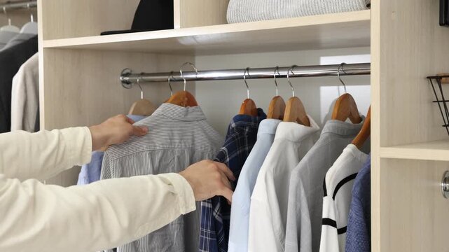 Man putting hanger with shirt into wardrobe indoors, closeup