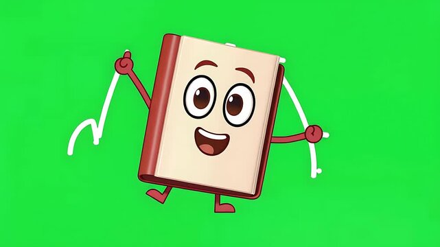 Animated happy book character playing with rope on green screen, representing education, learning, and fun concepts.