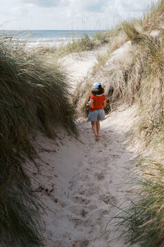little girl walking to the beach among big dunes in denmark