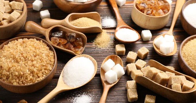Different types of sugar on wooden table, above view. Camera moving