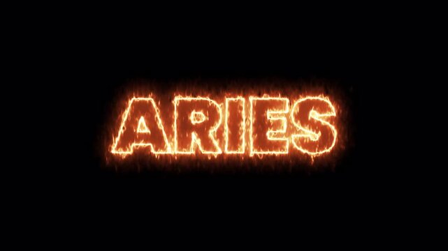 intense glowing aries zodiac neon text animation with fiery light effect on black background, 4k video
