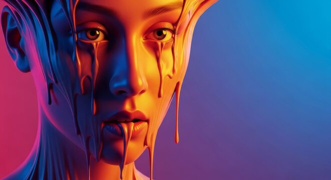 A conceptual close-up portrait where facial features appear to melt and stretch downward under the heavy, invisible force of gravity, detail, impact, anatomy