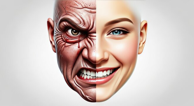 A conceptual face where intense rage causes rapid skin aging and deep lines while serene joy maintains smooth textures and vibrant health, psychology, close-up, contrast