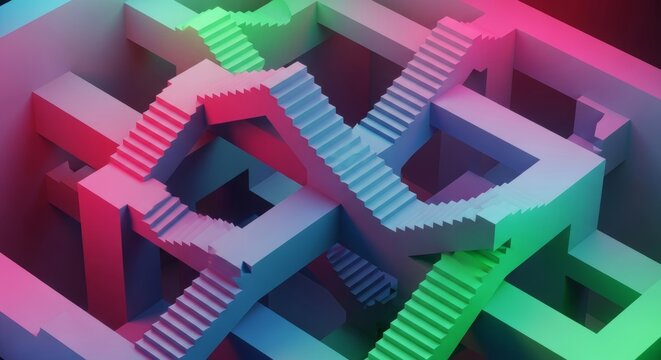 A surreal digital rendering of infinite interlocking staircases creating a geometric paradox, enhanced by vibrant experimental neon hues, grading, bizarre, psychedelic