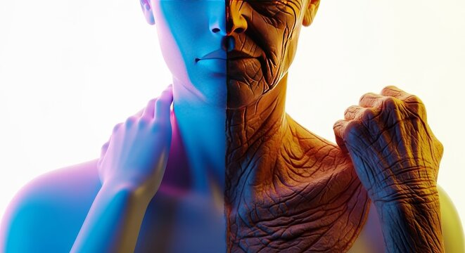 A conceptual visual of a physical form featuring contrasting patches of smooth and wrinkled skin, illustrating an asynchronous aging effect, life cycle, medical, collage