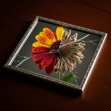 A cracked ornate mirror rests on a wooden surface, reflecting a vibrant blooming flower transitioning into a withered, dried specimen, identity, stillness, bloom