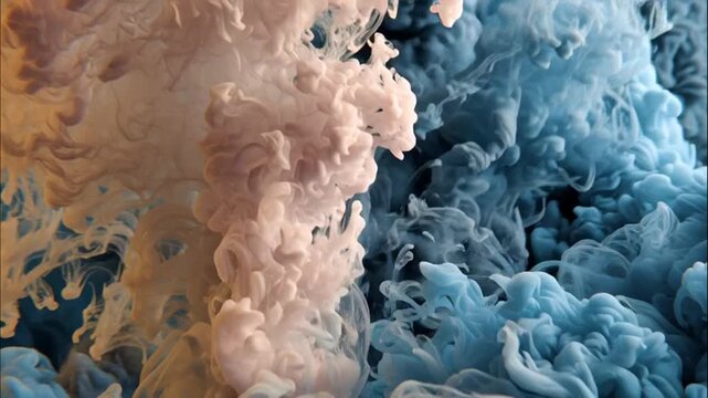 Beige and Blue Ink Clouds Colliding in Water with Detail