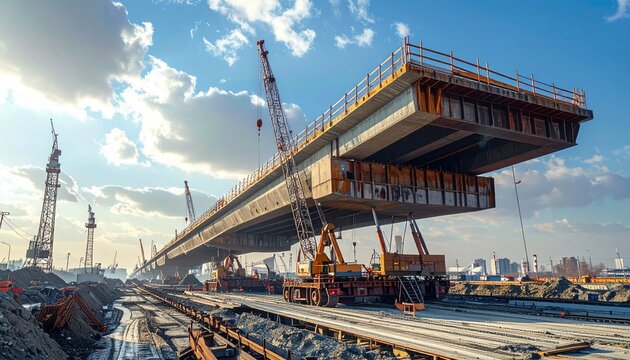 Construction of a Large Bridge Section with Cranes.