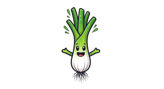 Happy cartoon scallion character with hands up, isolated on white background