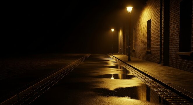 Dim street lamps illuminate a quiet urban alleyway at night. Long shadows stretch across damp pavement reflecting soft yellow glowing light, depth, nocturnal, quiet