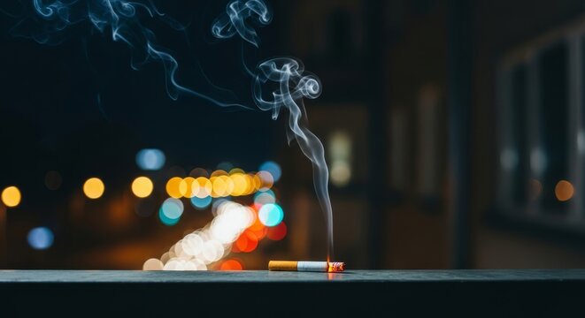 Dimly lit balcony at night with a glowing cigarette tip, wisps of smoke rising into the dark air against a blurred urban background, orange, glowing, city