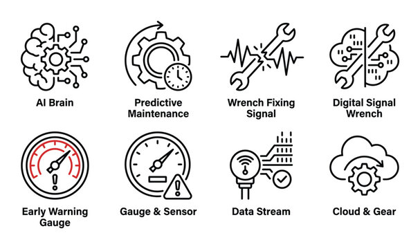 AI brain, predictive maintenance gear, wrench signal, digital wrench, warning gauge, sensor gauge, data stream, cloud gear.