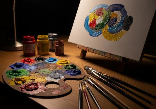 Dimly lit creative workspace at midnight features messy paint palettes, wet brushes, and a half-finished oil canvas under warm lamp light, midnight, liquid, workspace