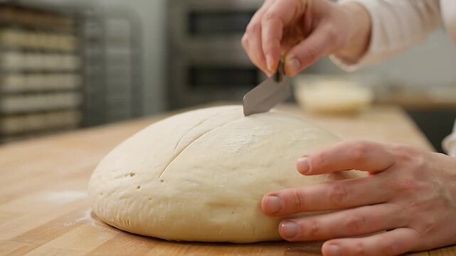 Close up shot of a baker scoring bread dough with a lame