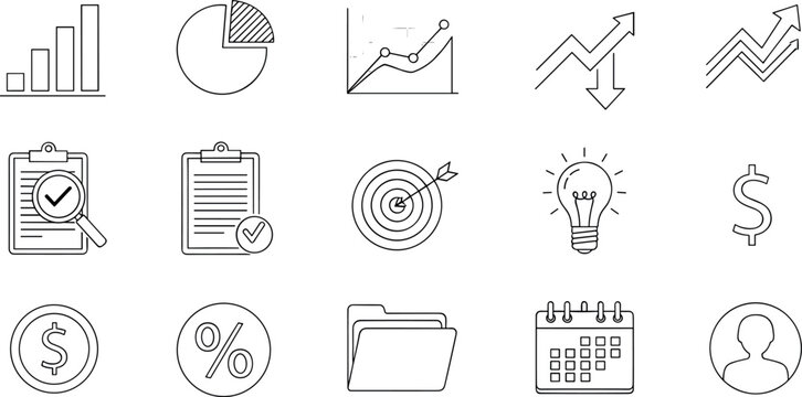 Business analytics line icons set vector illustration with charts checklist target idea finance and office elements