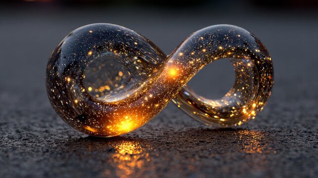 Translucent glowing orb depicting infinity on a textured surface with blurred focus and soft light effects at night