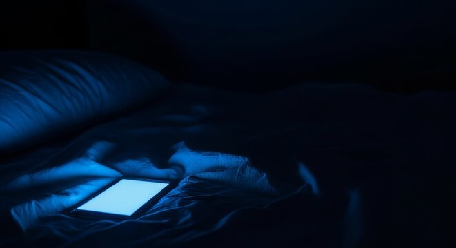 A glowing mobile phone sits on rumpled sheets in a dark room, casting blue light that represents digital habits and nighttime sleep loss, night, lifestyle, light