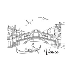 Line art illustration of a venetian canal scene with gondola and bridge © MstLaila
