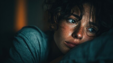 Fototapeta premium Woman lying awake in bed at night thinking about life and her worries in a dimly lit room